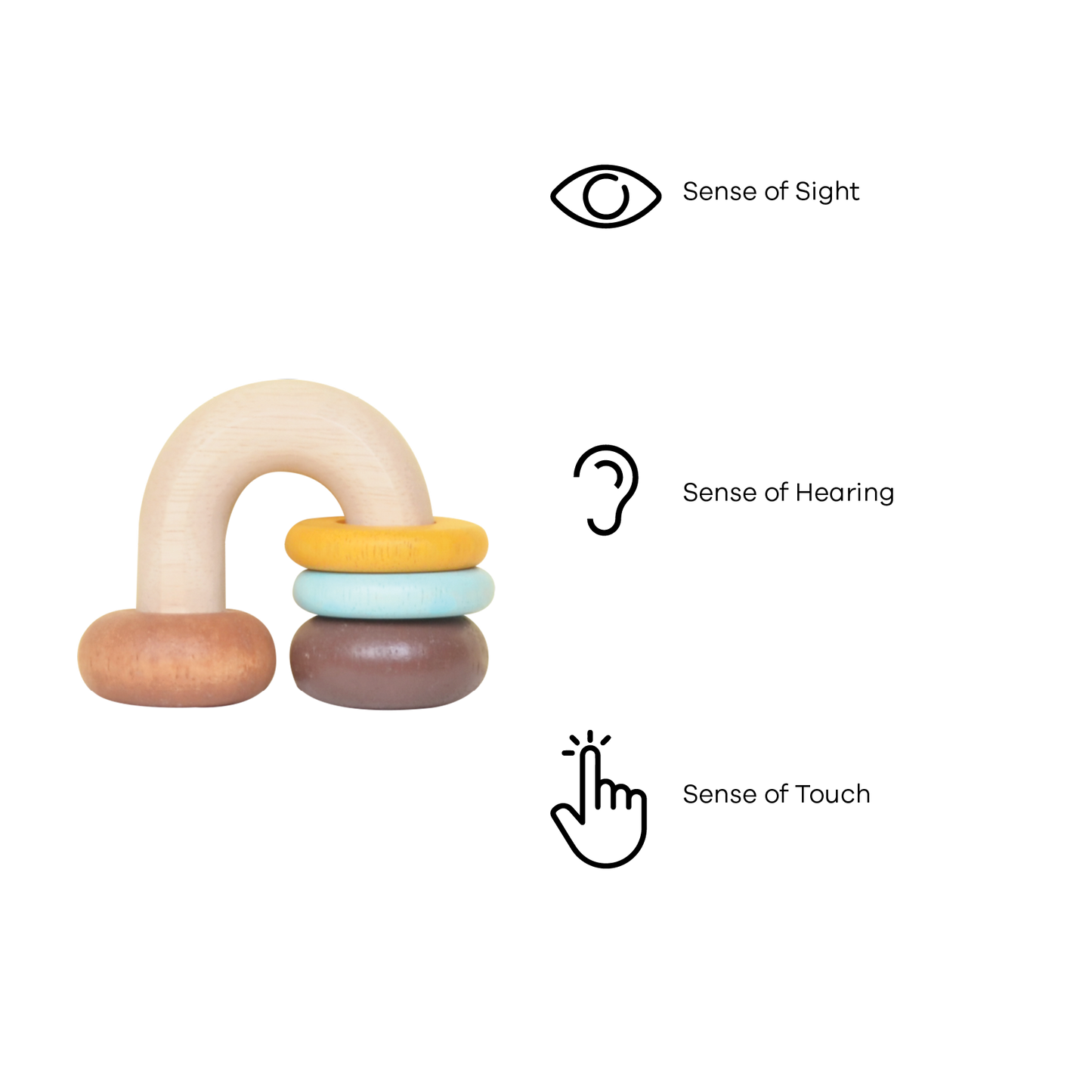 A wooden horse shoe rattle with moving rings in beige, yellow, and brown colors.