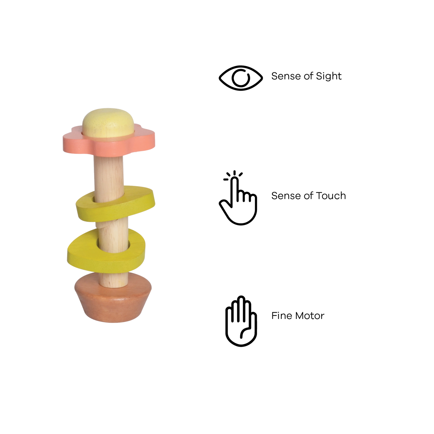 A colorful flower-in-a-pot toy with beads that slide and rattle along twisted wires, designed to stimulate sensory play and encourage grasping and fine motor skills.