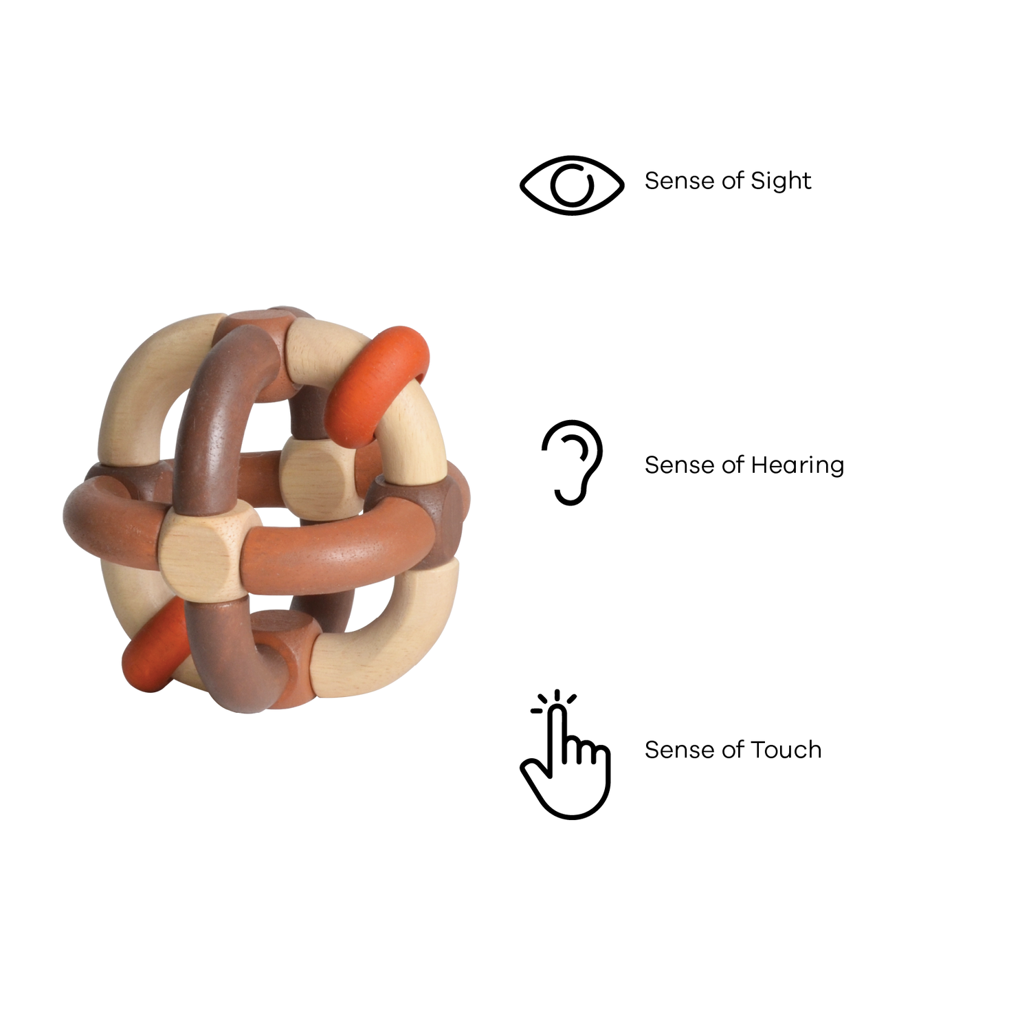 A wooden baby dice rattle with beads and elastic connections in brown and white colors.