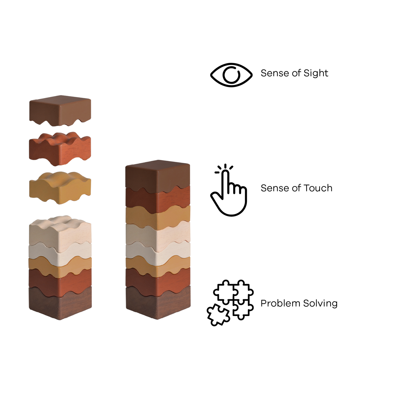 A series of four rammed earth puzzle blocks in different shades of brown, beige, and gray, designed to represent natural layers in a building structure.