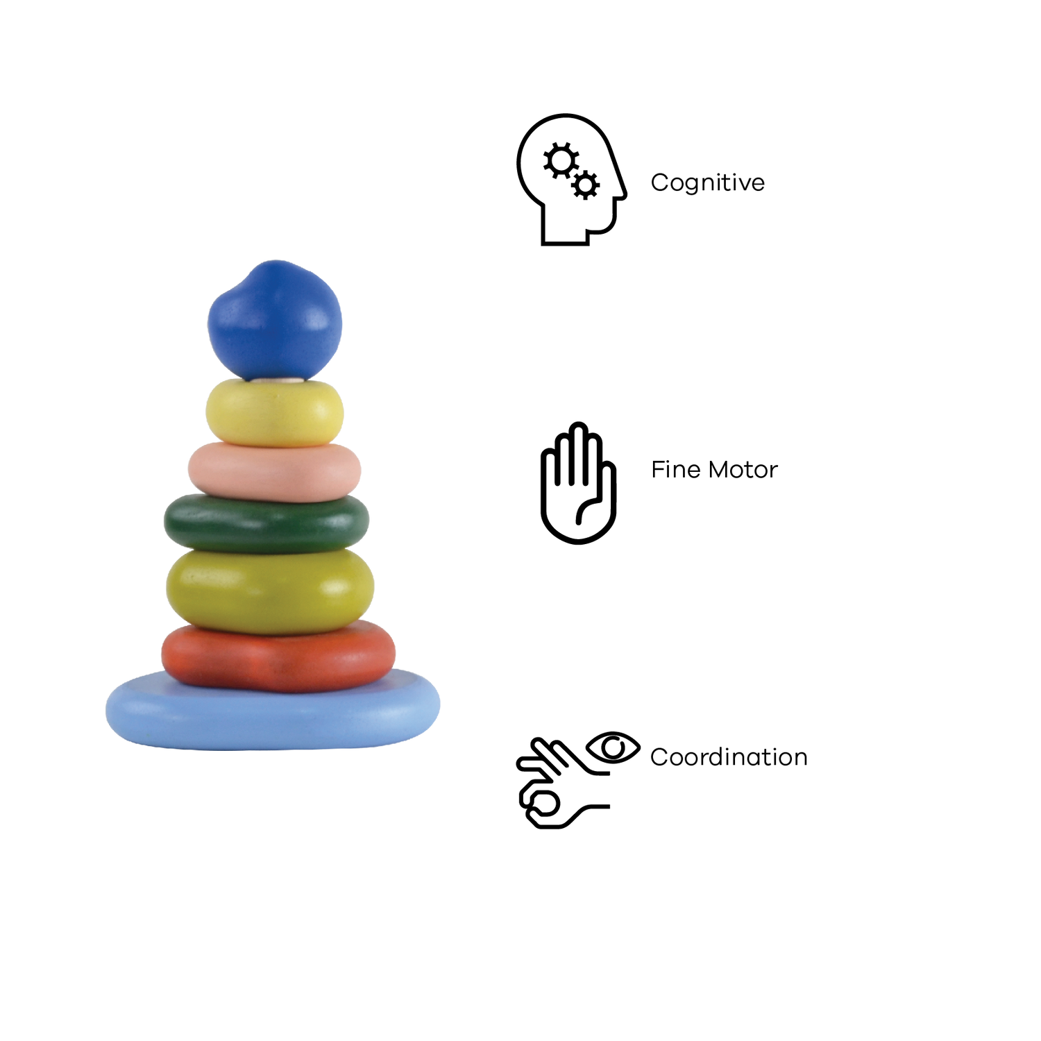 A stack of wooden pebbles in various colors including blue, green, yellow, orange, and red, on a blue base.