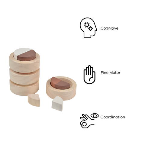 A set of wooden stacking fraction cups in various sizes geometric shapes inside them.