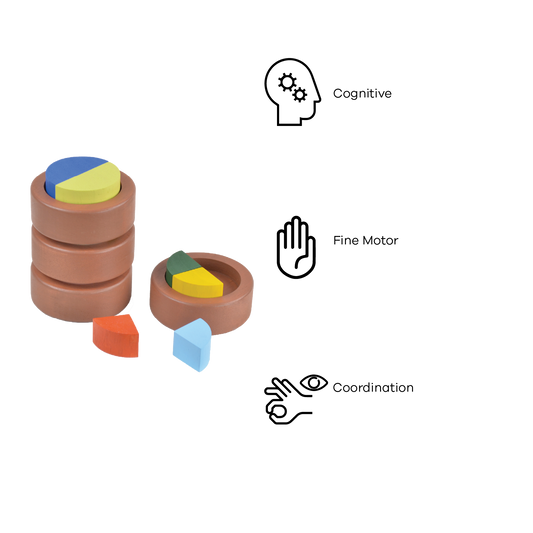 A set of wooden stacking fraction cups in various sizes with colorful geometric shapes inside them.