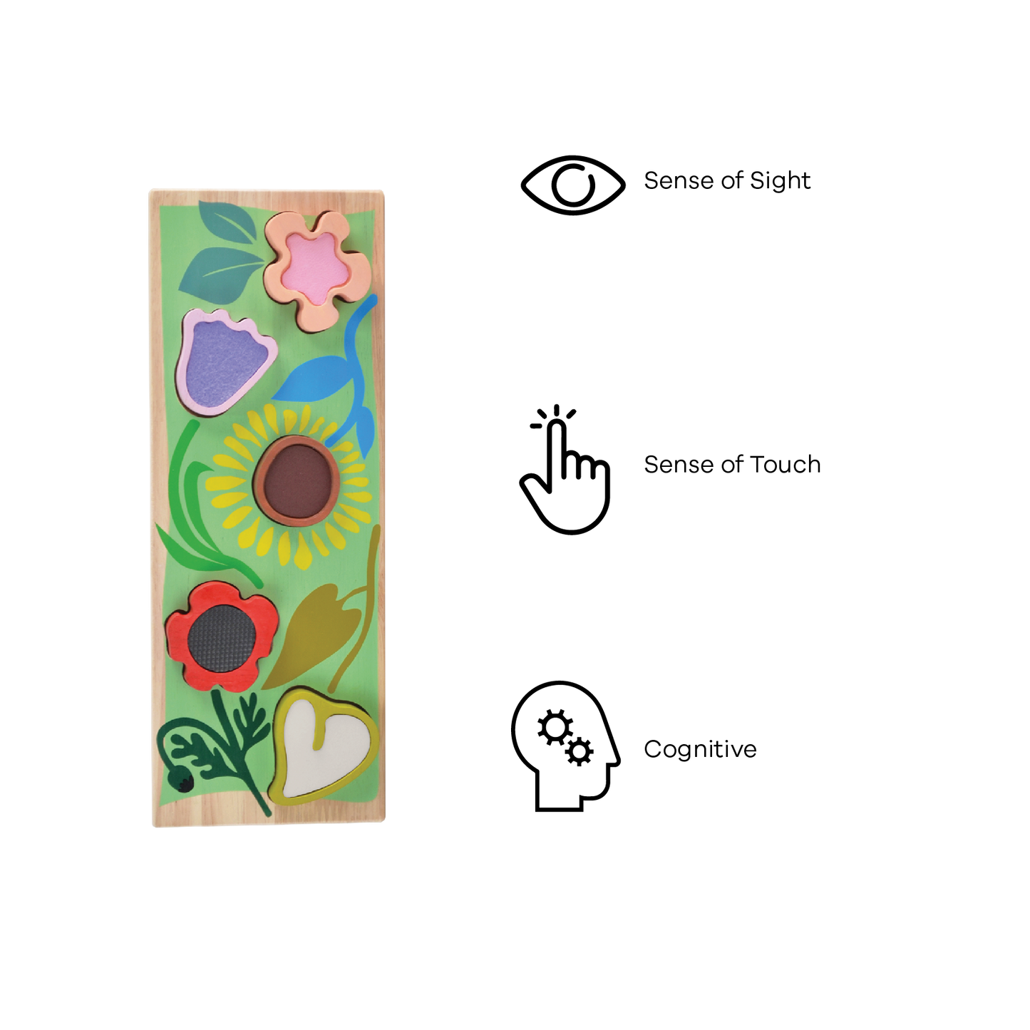 A colorful wooden sensory puzzle with a wild garden theme, featuring various play pieces including a sun, flowers, and fruit shapes.