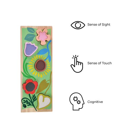 A colorful wooden sensory puzzle with a wild garden theme, featuring various play pieces including a sun, flowers, and fruit shapes.