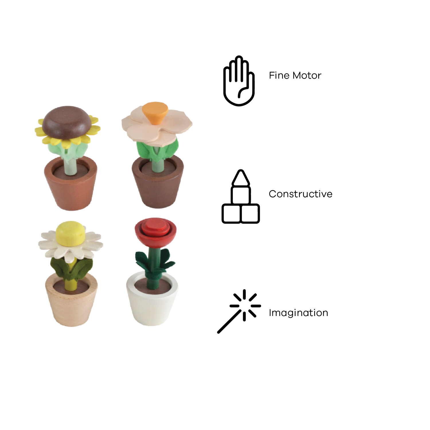 A set of four toy flower pots in different colors representing sunflower, daisy, rose, and cherry blossom, with detachable parts.