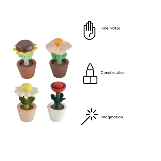 A set of four toy flower pots in different colors representing sunflower, daisy, rose, and cherry blossom, with detachable parts.