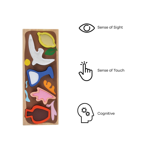 Wooden sensory puzzle with textured and shaped pieces that match illustrated slots on a tray, inspired by modernist art from the French Riviera.