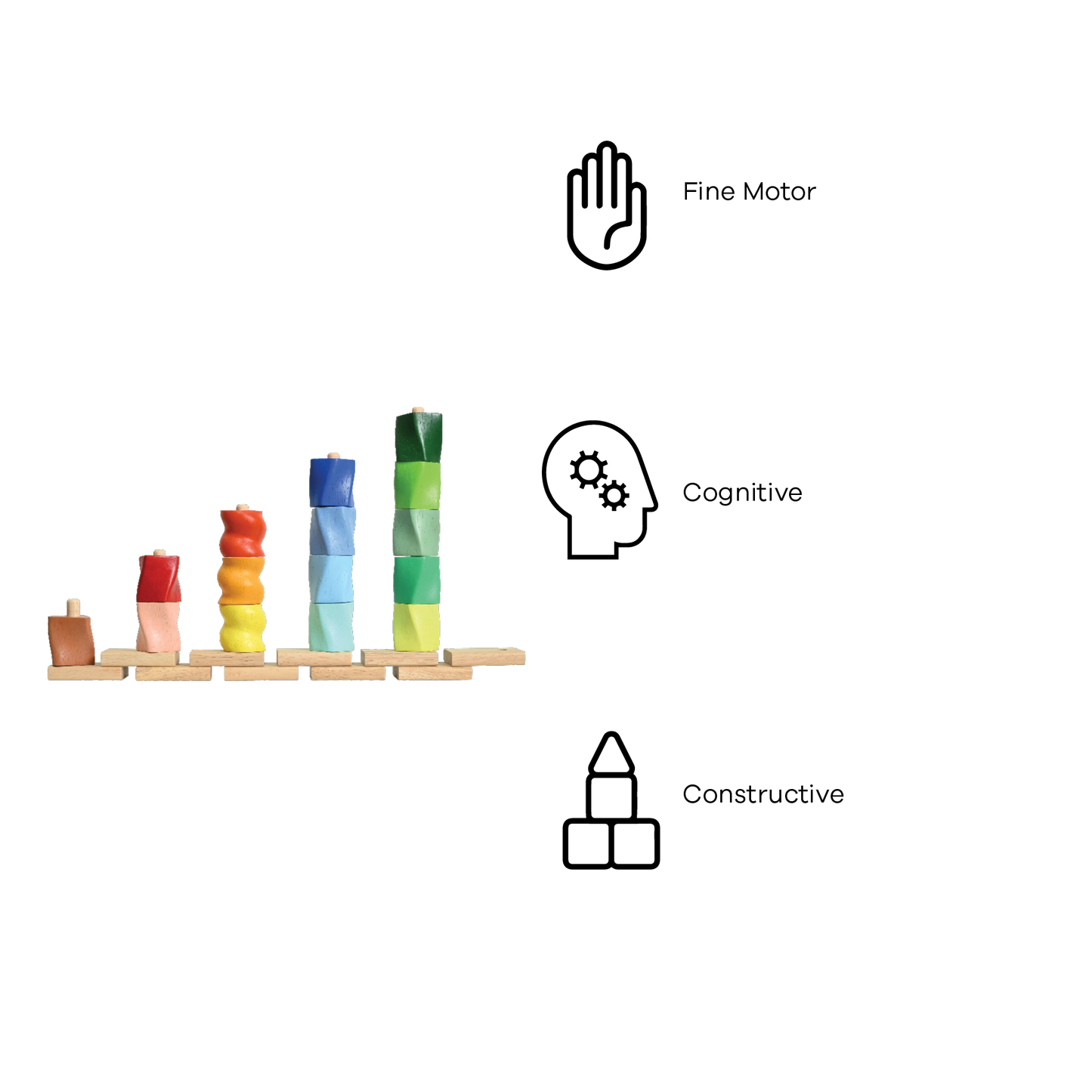 A set of colorful twisted geometric shapes placed on height rods, with the shortest rod for a yellow piece and the highest rod for a green piece, all lined up in a row.