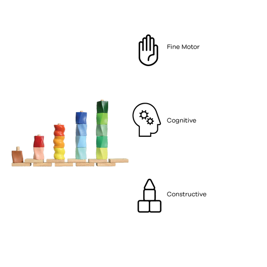 A set of colorful twisted geometric shapes placed on height rods, with the shortest rod for a yellow piece and the highest rod for a green piece, all lined up in a row.