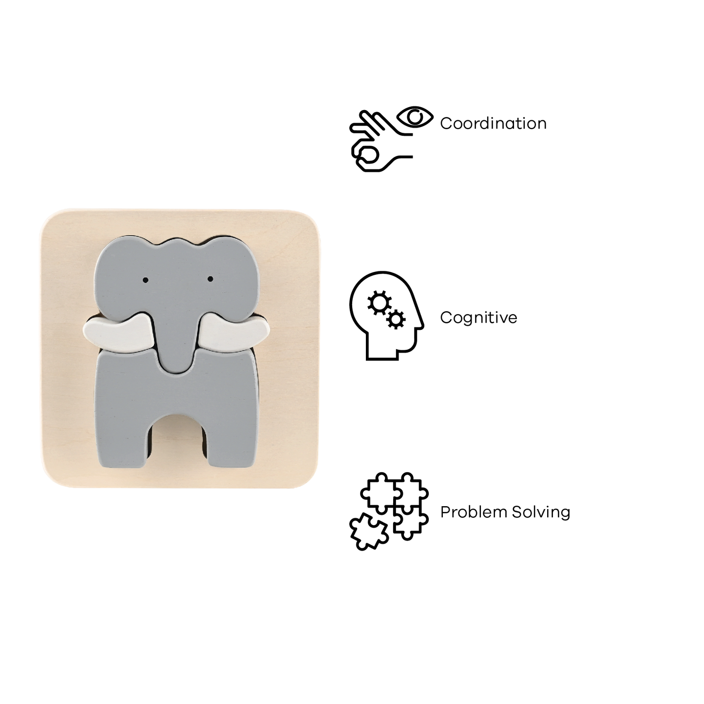 A wooden elephant-shaped tray puzzle for toddlers