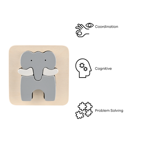 A wooden elephant-shaped tray puzzle for toddlers