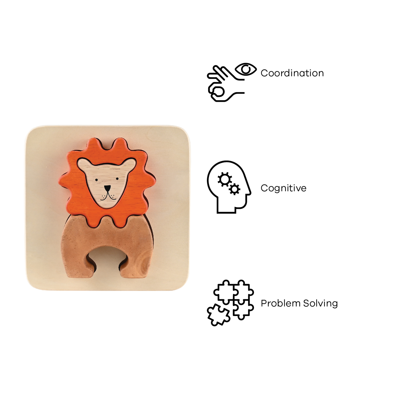 A wooden tray puzzle shaped like a lion with a brown mane and a light brown body.