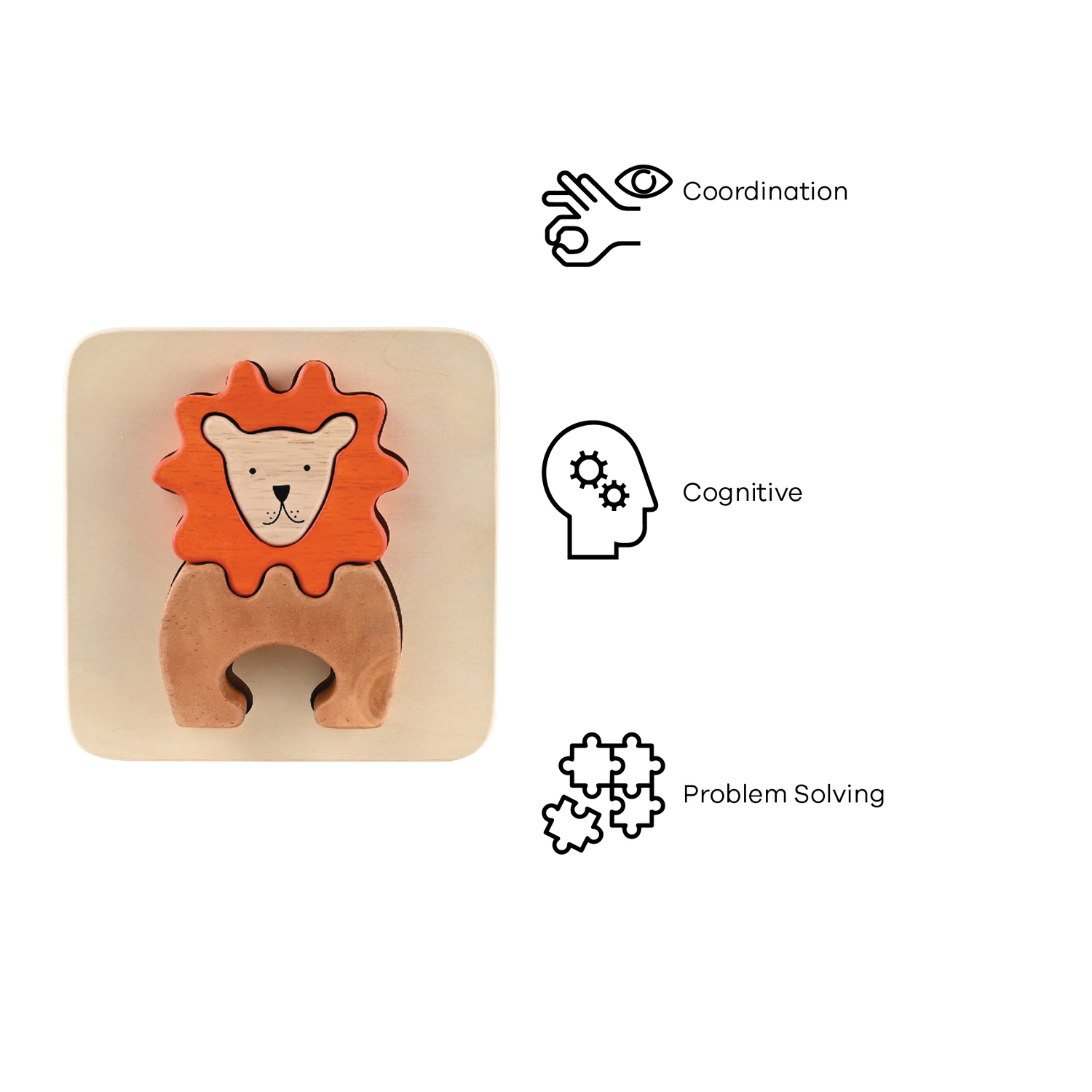 A wooden tray puzzle shaped like a lion with a brown mane and a light brown body.