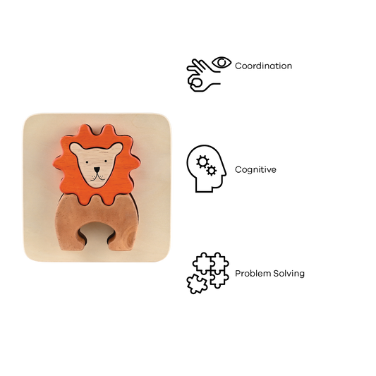 A wooden tray puzzle shaped like a lion with a brown mane and a light brown body.