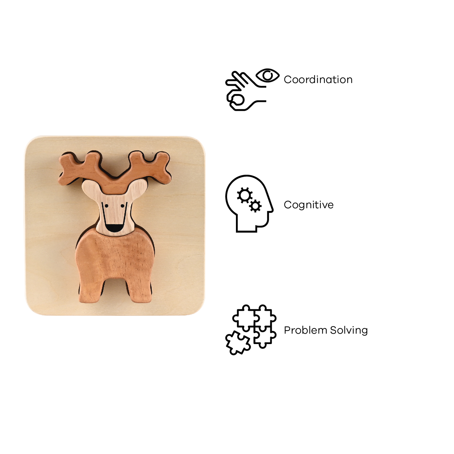 A wooden tray puzzle in the shape of a reindeer, with large block pieces designed for early childhood development.