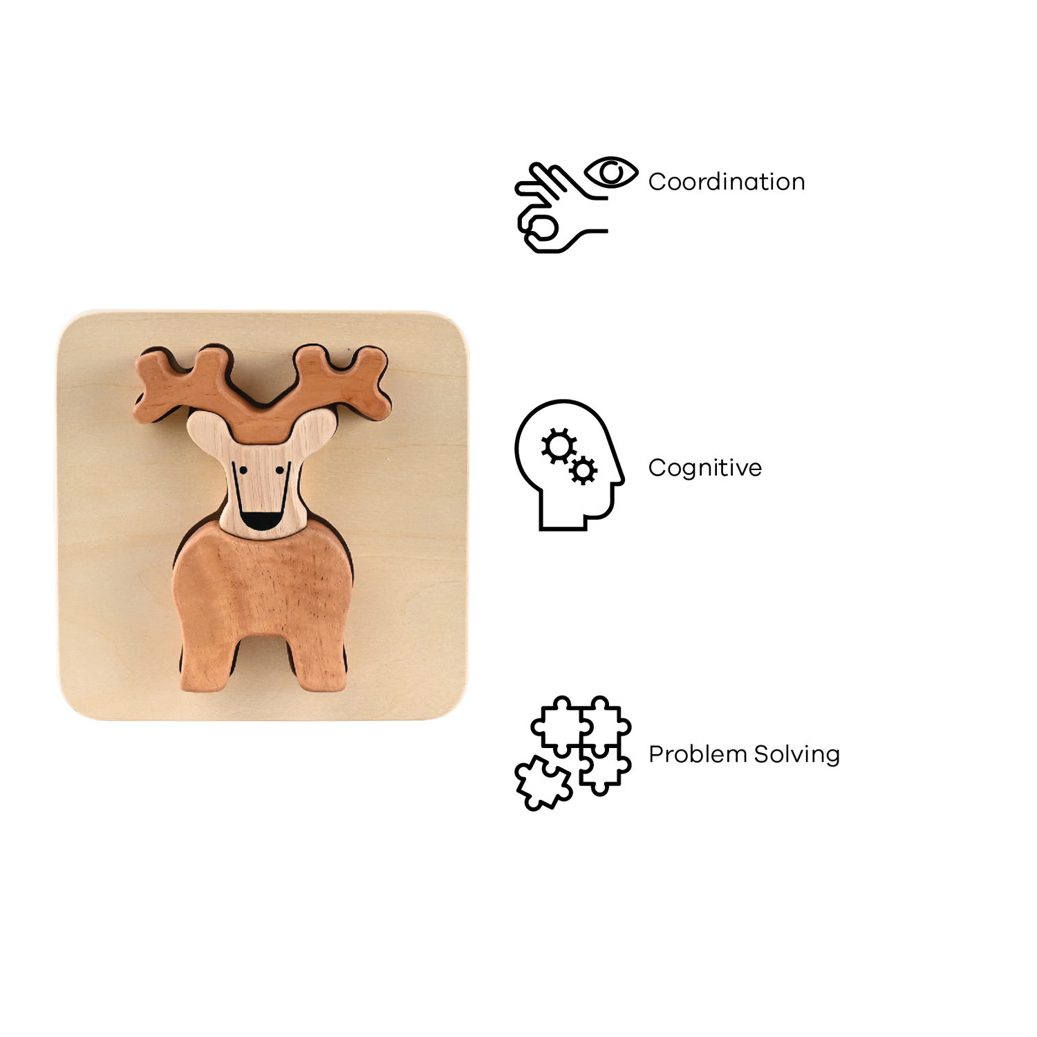 A wooden tray puzzle in the shape of a reindeer, with large block pieces designed for early childhood development.
