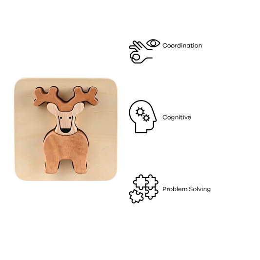 A wooden tray puzzle in the shape of a reindeer, with large block pieces designed for early childhood development.
