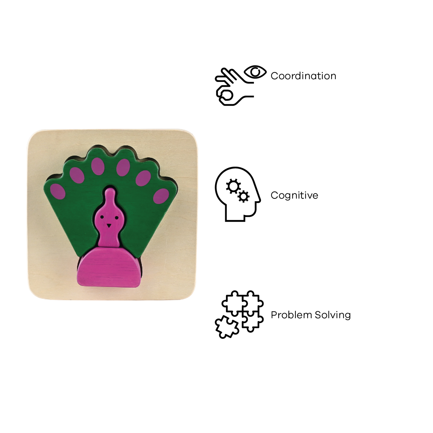 A wooden puzzle piece in the shape of a peacock with green and purple colors.
