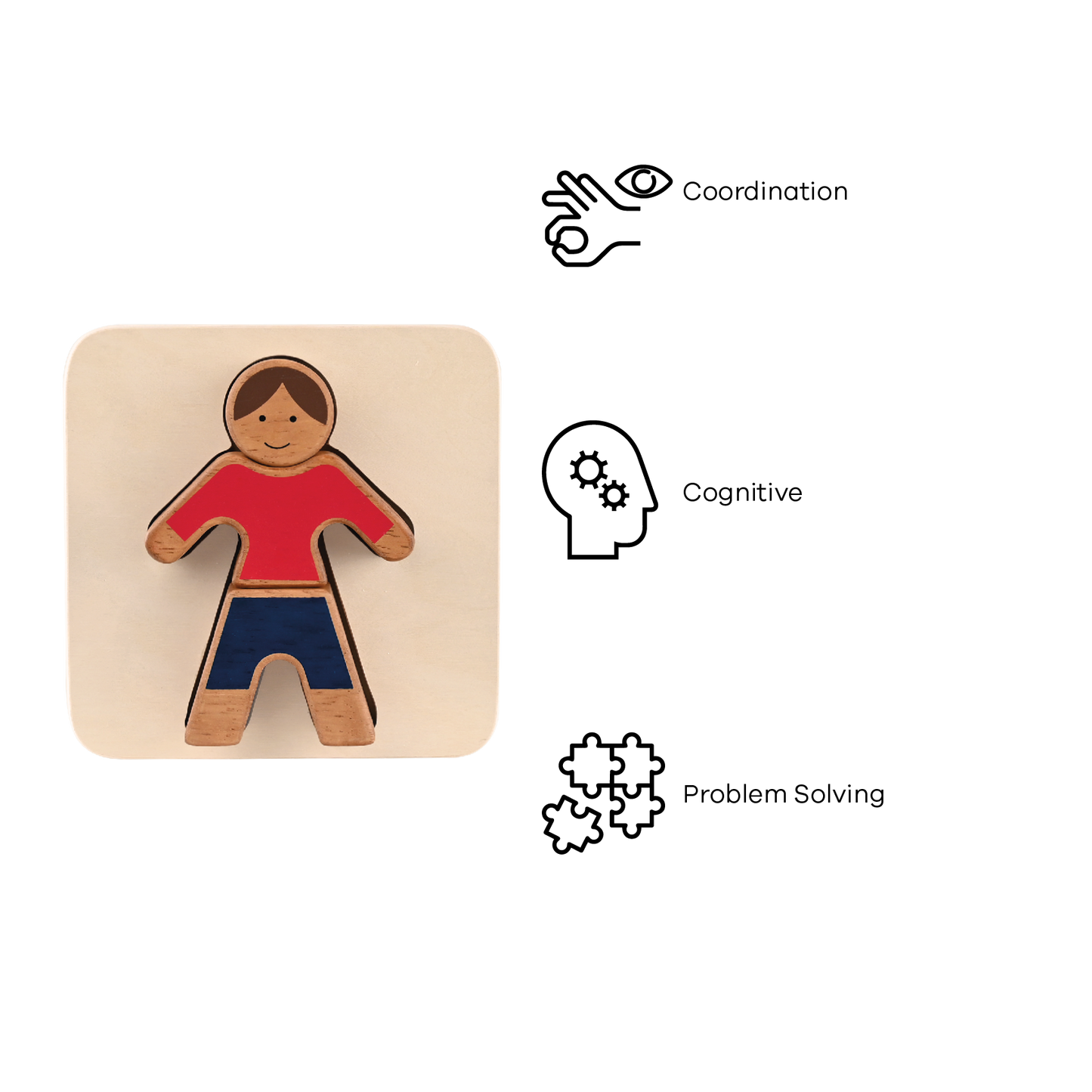 A wooden tray puzzle featuring a boy with large block pieces in a red shirt and blue pants.