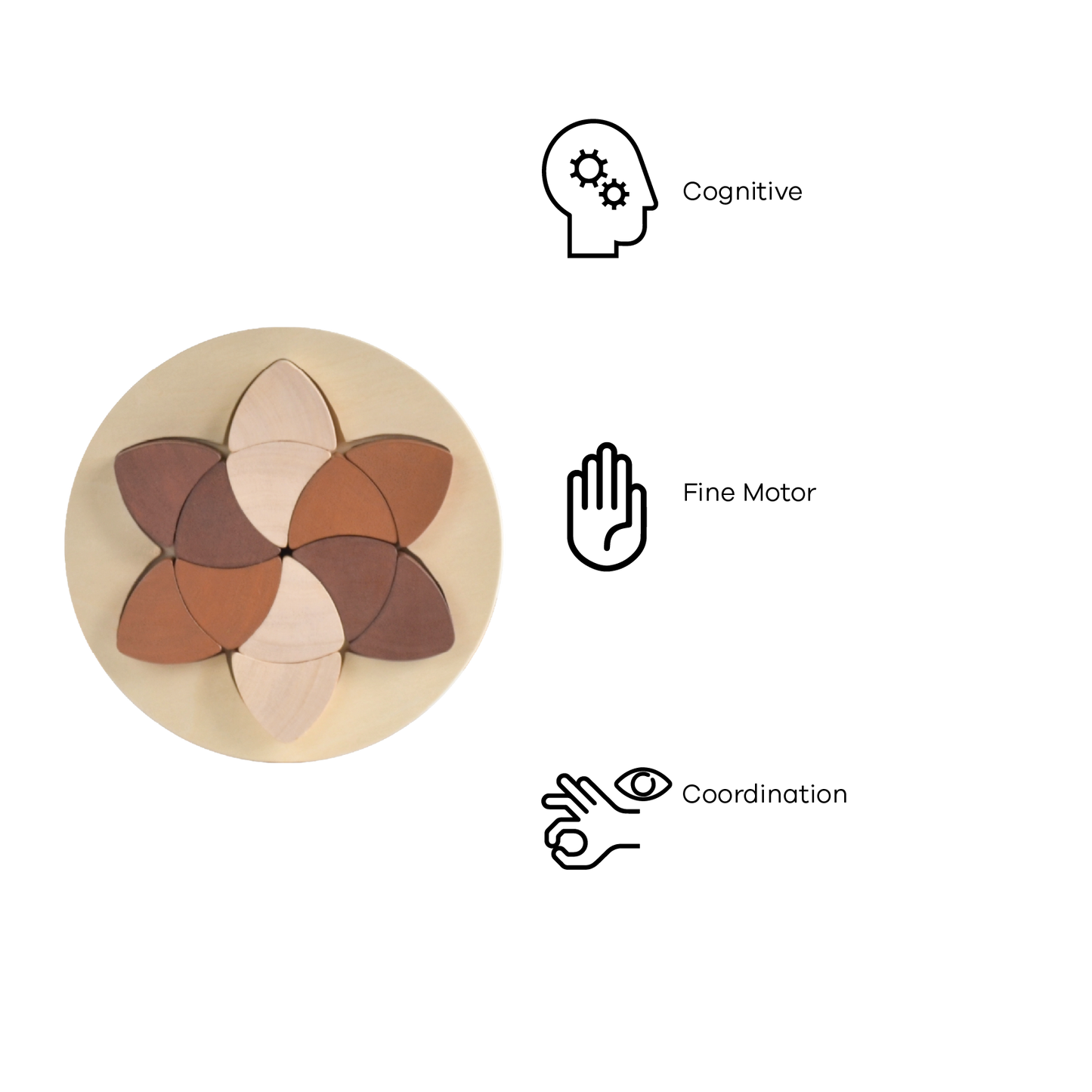 A wooden puzzle toy consisting of twelve single shape parquetry pieces in beige, brown, and white, fitted into a circular tray.