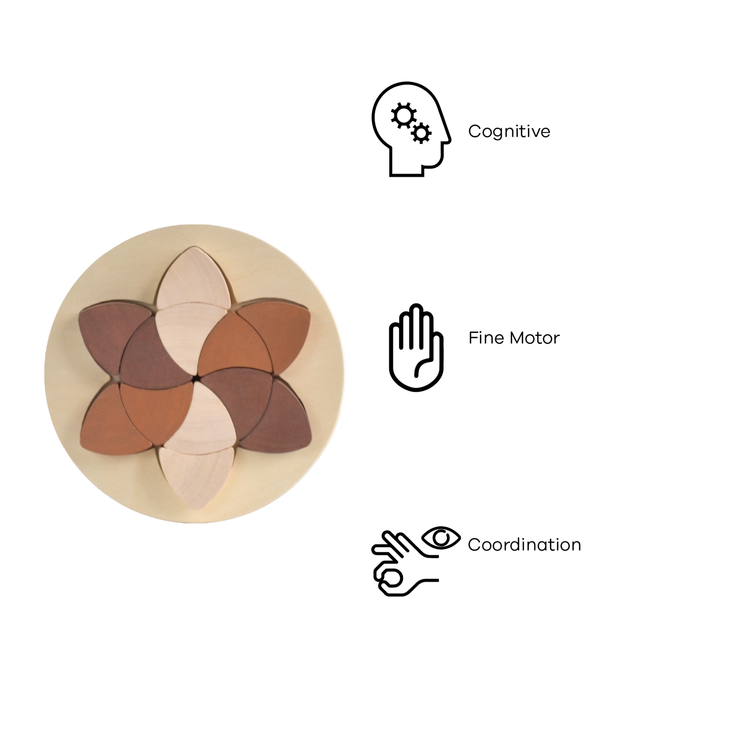 A wooden puzzle toy consisting of twelve single shape parquetry pieces in beige, brown, and white, fitted into a circular tray.