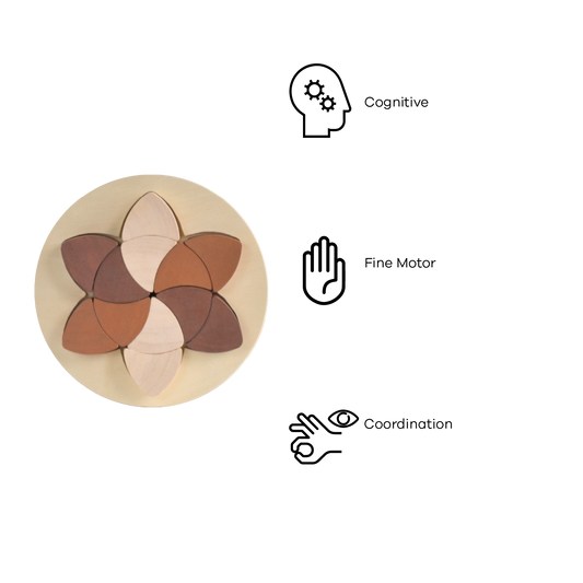 A wooden puzzle toy consisting of twelve single shape parquetry pieces in beige, brown, and white, fitted into a circular tray.