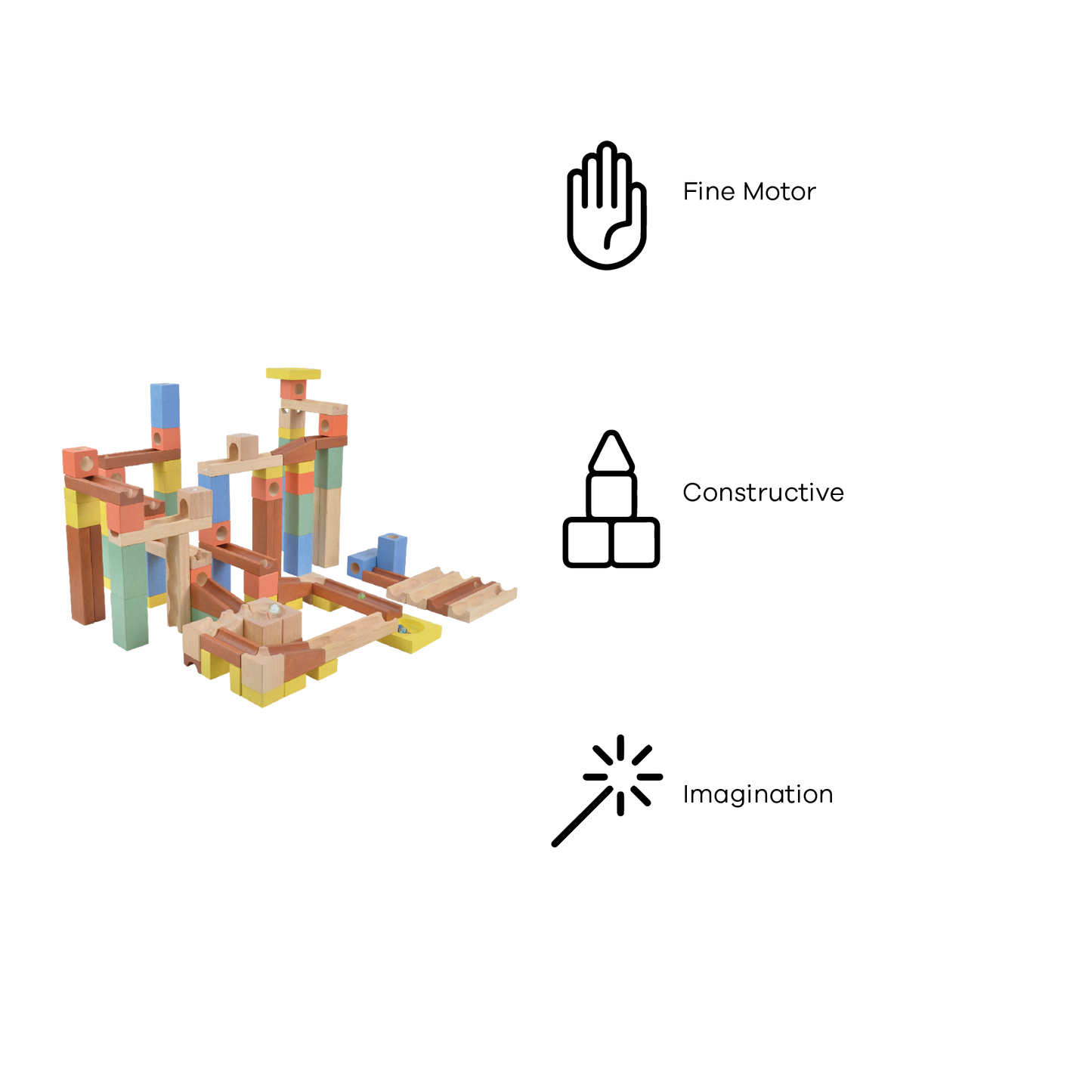 A wooden marble track set with multicolored wooden pieces and a marble run structure.