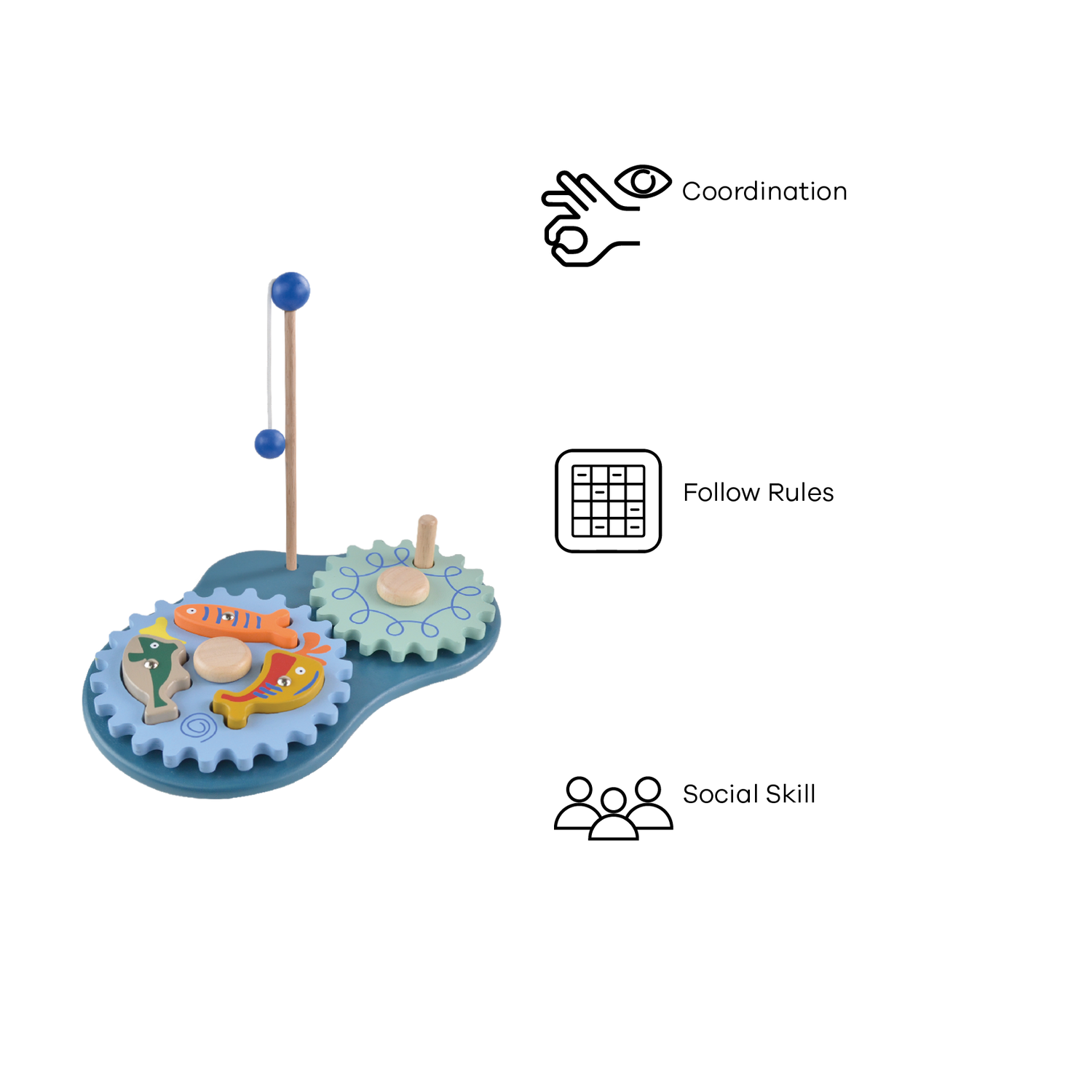 A toy fishing gear set with blue and green gears, a fishing reel, and a few small toy fish on a blue pretend water surface.