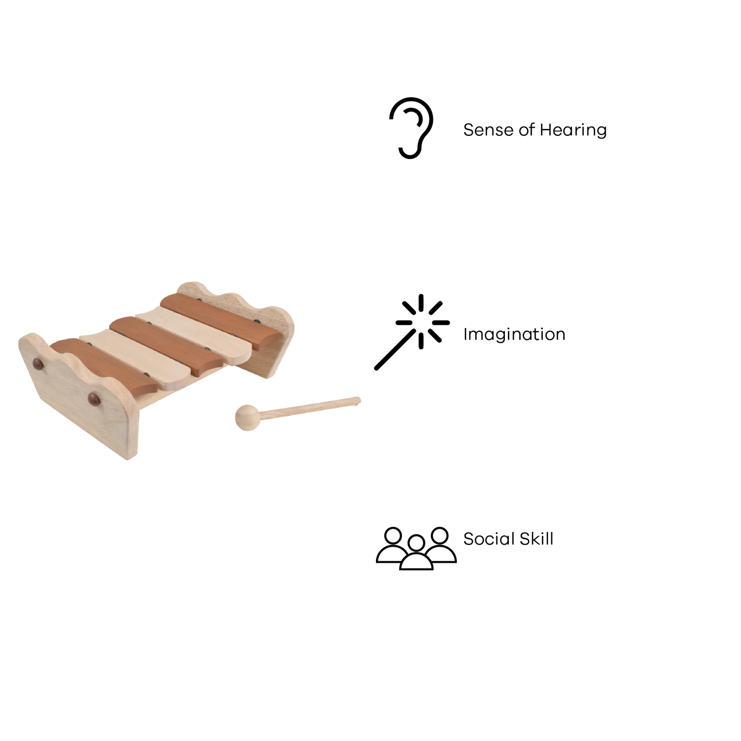 A wooden scallop xylophone with five bars and a beige mallet.
