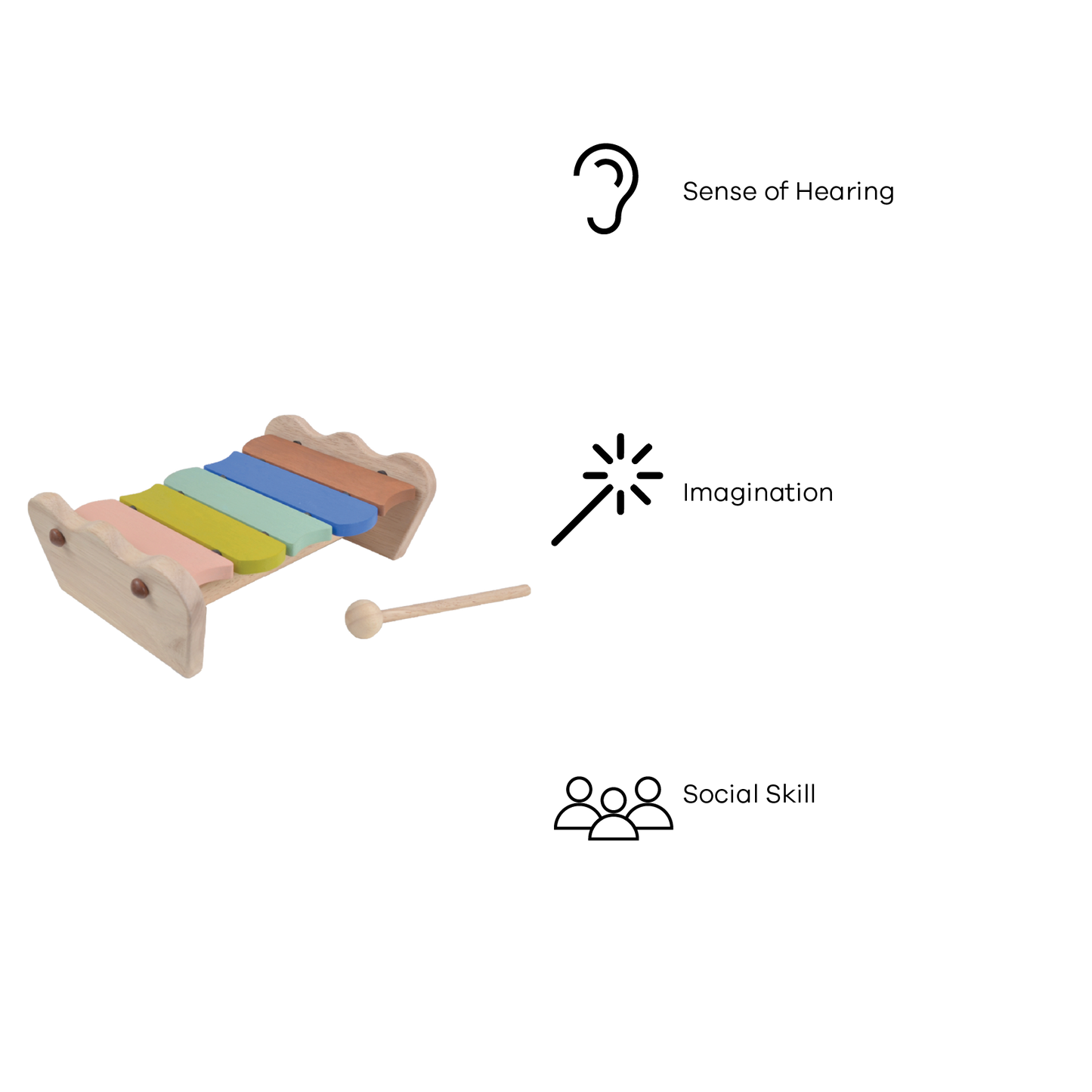 A wooden scallop xylophone with five colorful bars and a wooden mallet, designed for young children.