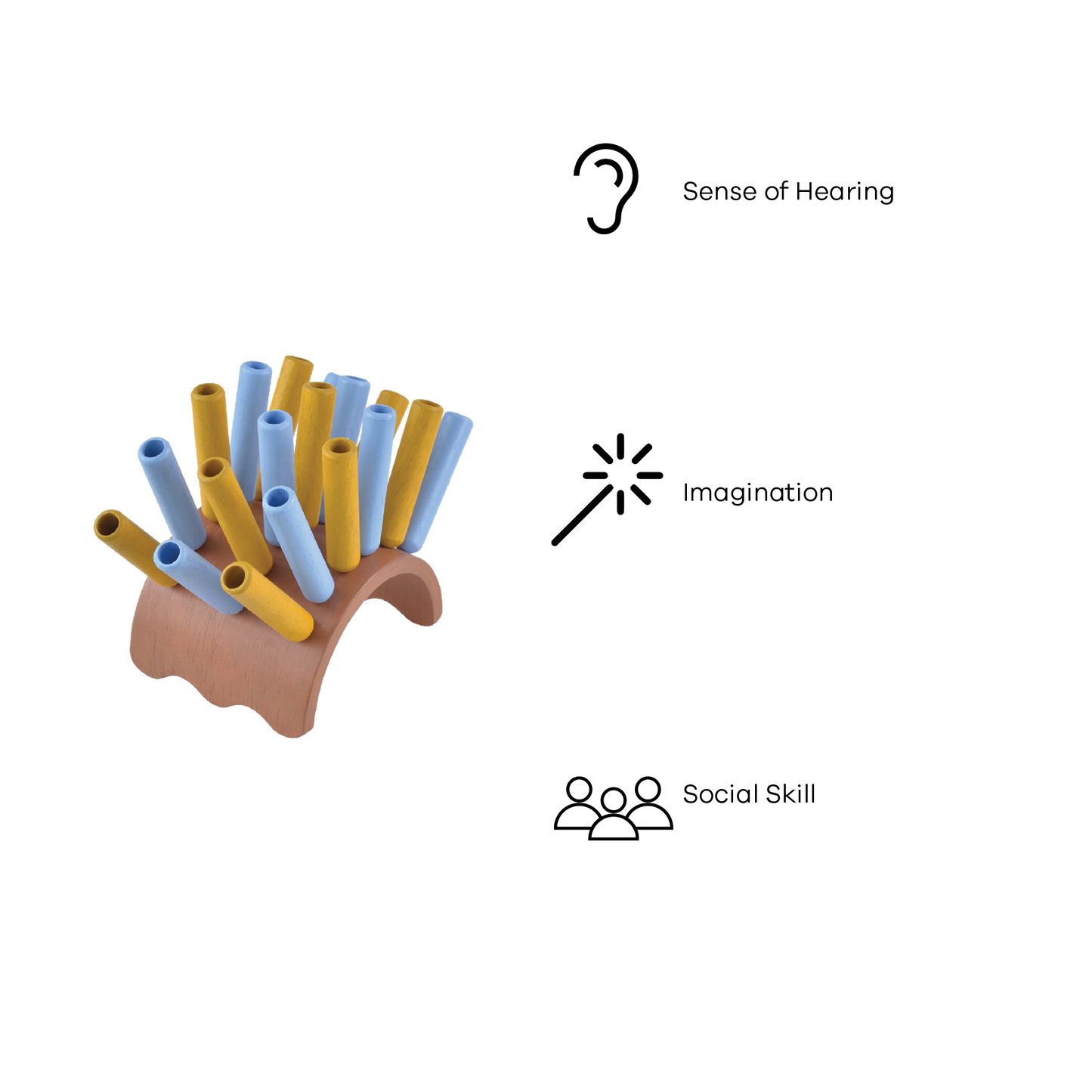 A wooden percussion instrument resembling a sea urchin, with yellow and blue plastic sticks arranged in a circle.
