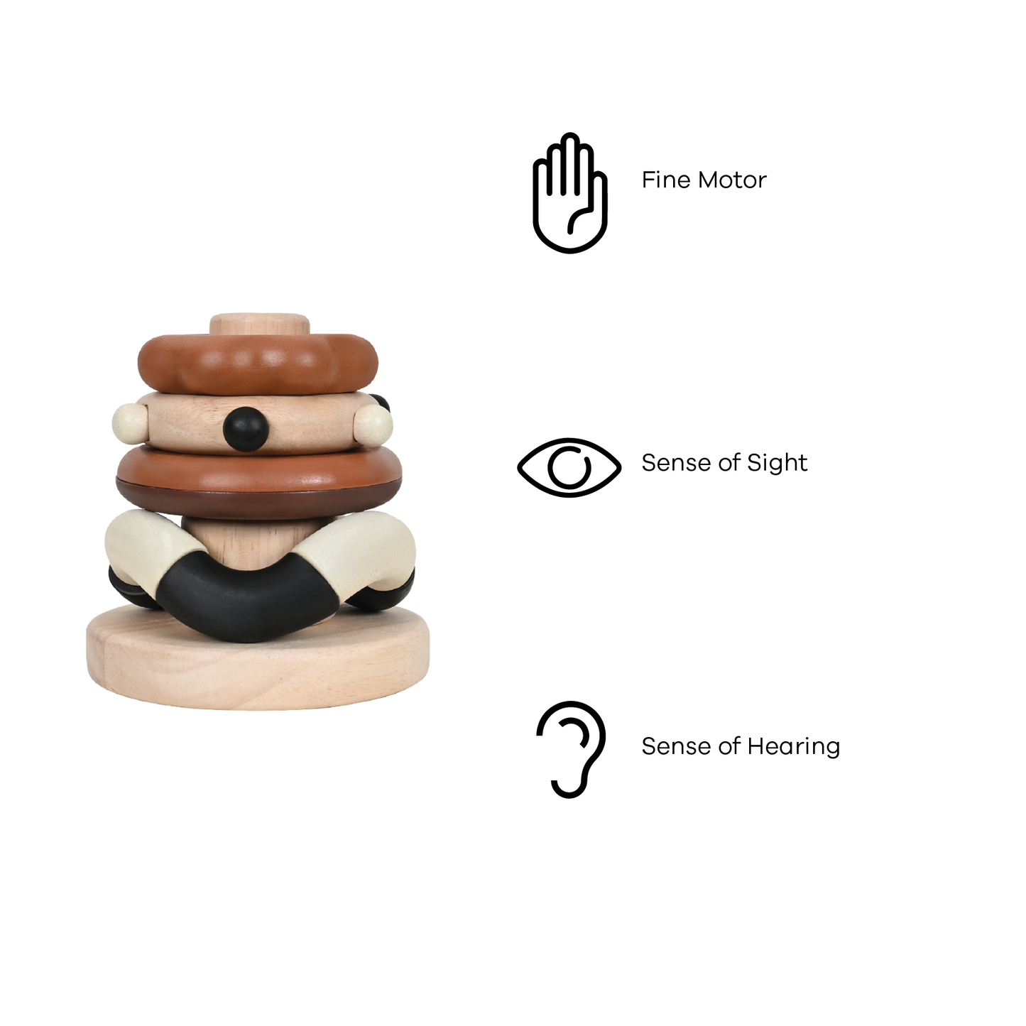 A set of four wooden stacker rings of different sizes with a sensory feature of sound, touch, and texture, designed for baby's grip.