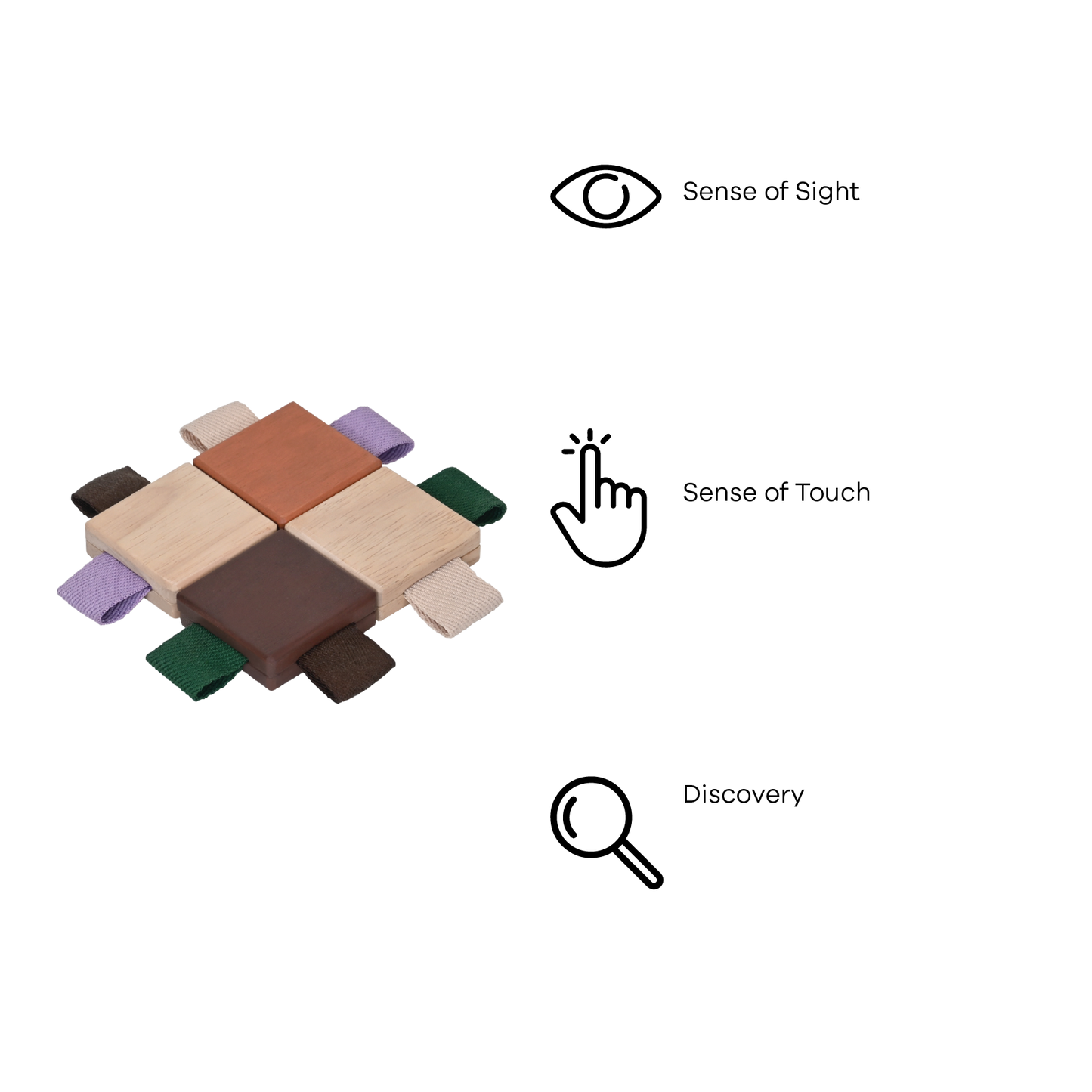 A set of Brown and Natural wood checker tiles with looped ribbons, designed for infant sensory development.