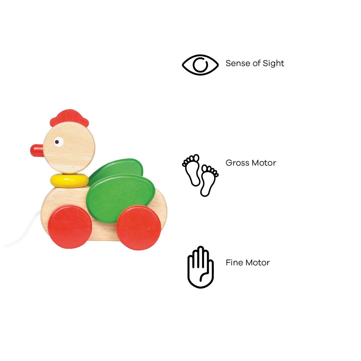 A colorful wooden toy resembling a rooster with wheels and a pull-string.