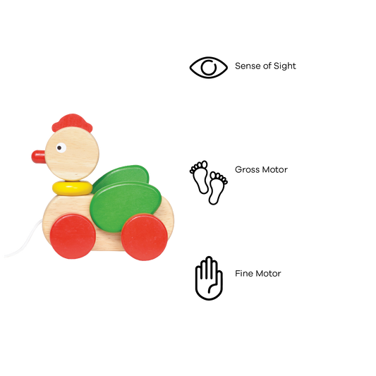 A colorful wooden toy resembling a rooster with wheels and a pull-string.