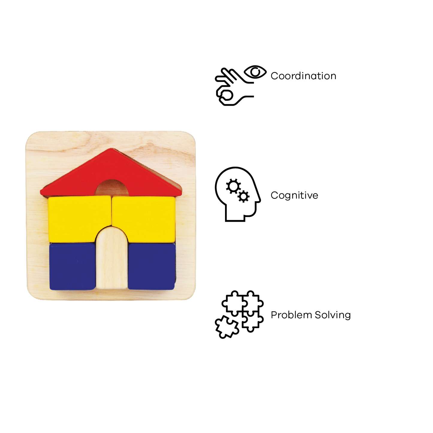 A wooden house-shaped tray puzzle with red, yellow, and blue pieces.