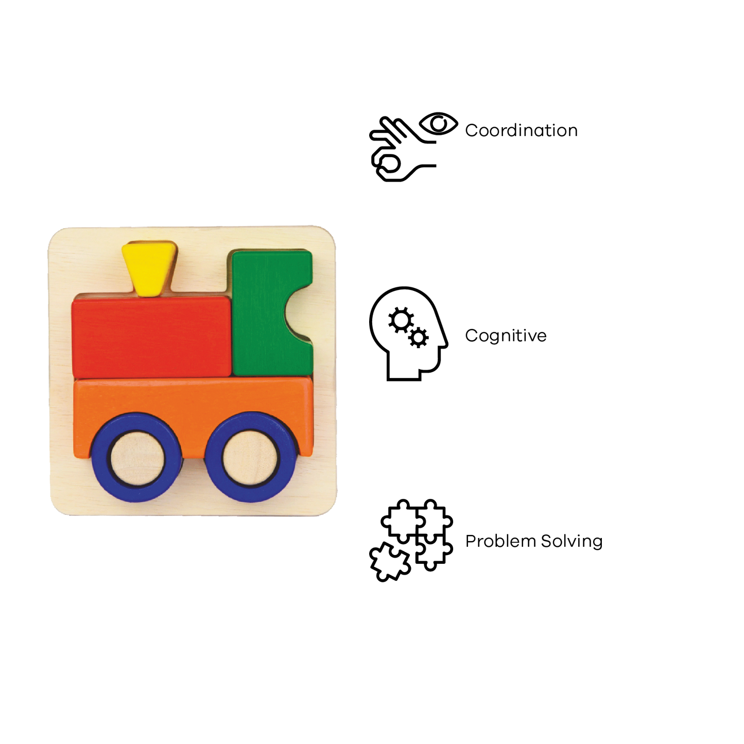 A colorful wooden train tray puzzle with a train shape on a wooden board.