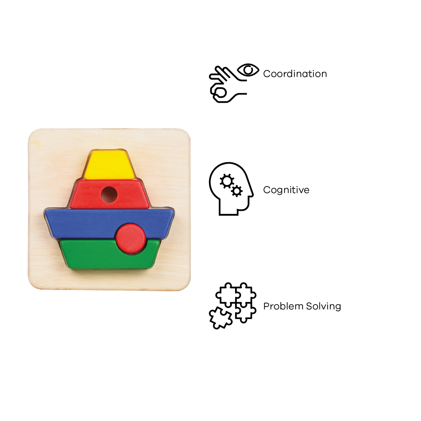 A colorful wooden boat tray puzzle with large block pieces in red, blue, green, and yellow.