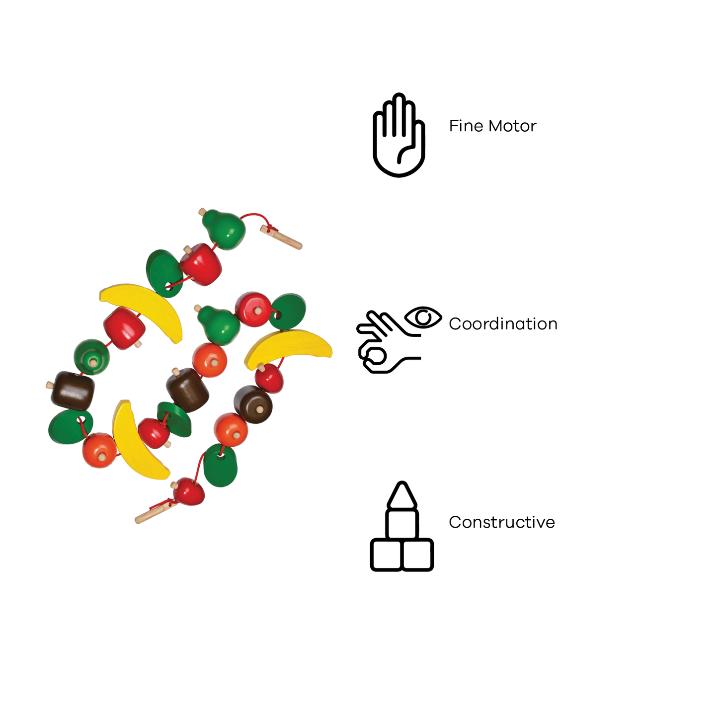 A colorful stringing toy with chunky beads shaped like fruits and a wooden needle, arranged to form a spiral.