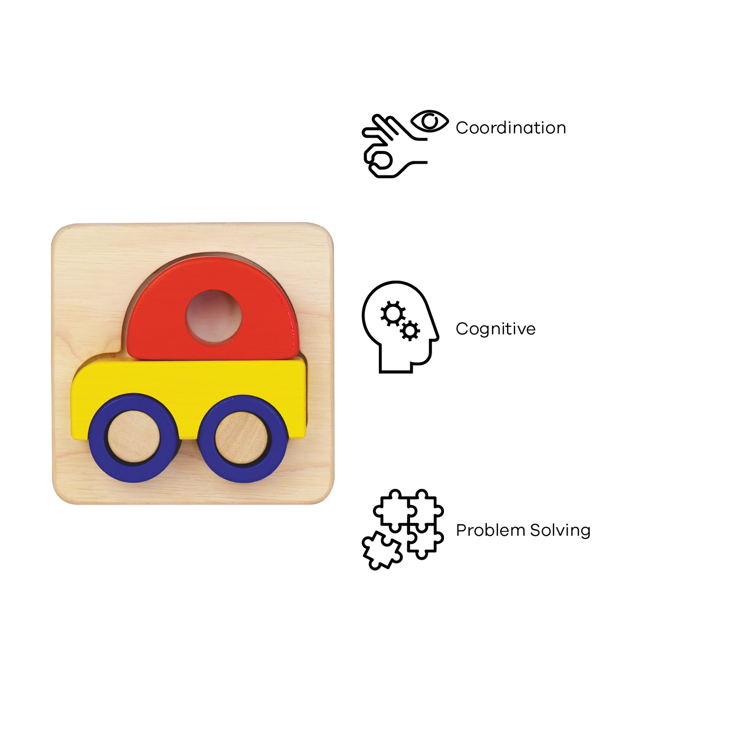 A wooden car tray puzzle with large block pieces in red, yellow, and blue colors on a light wooden tray.
