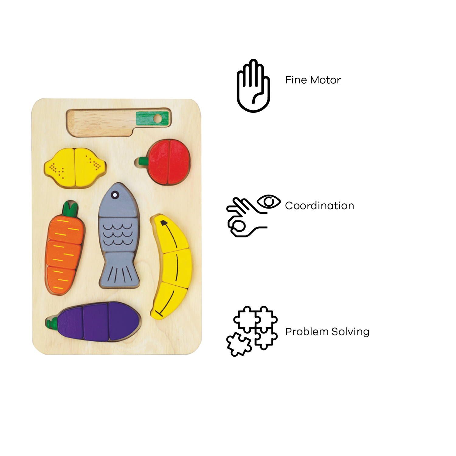 A wooden shape sorting toy with colorful fruit and vegetable pieces, and a pretend knife.