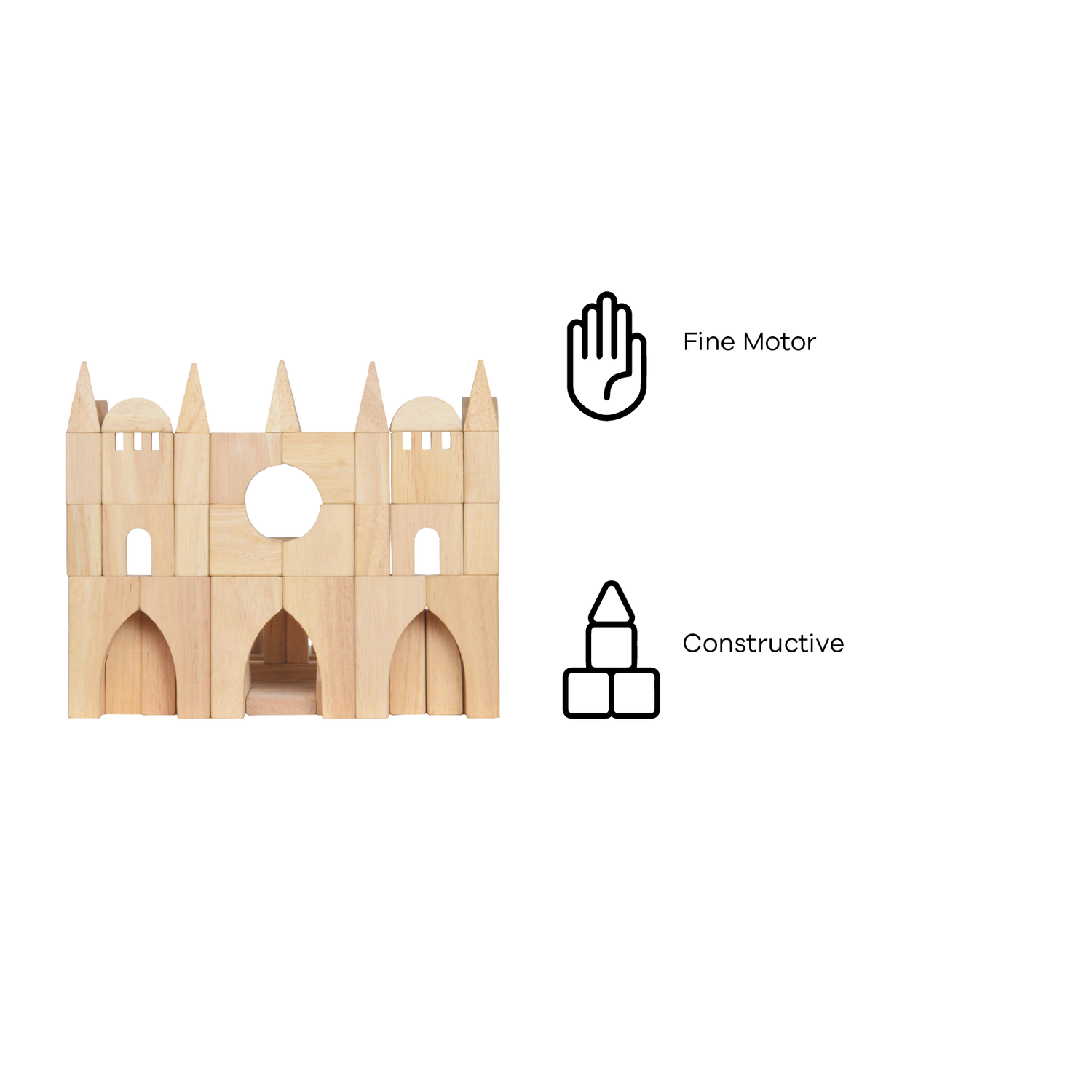 A wooden block construction representing a complex architectural structure with arched windows and a central circular opening.