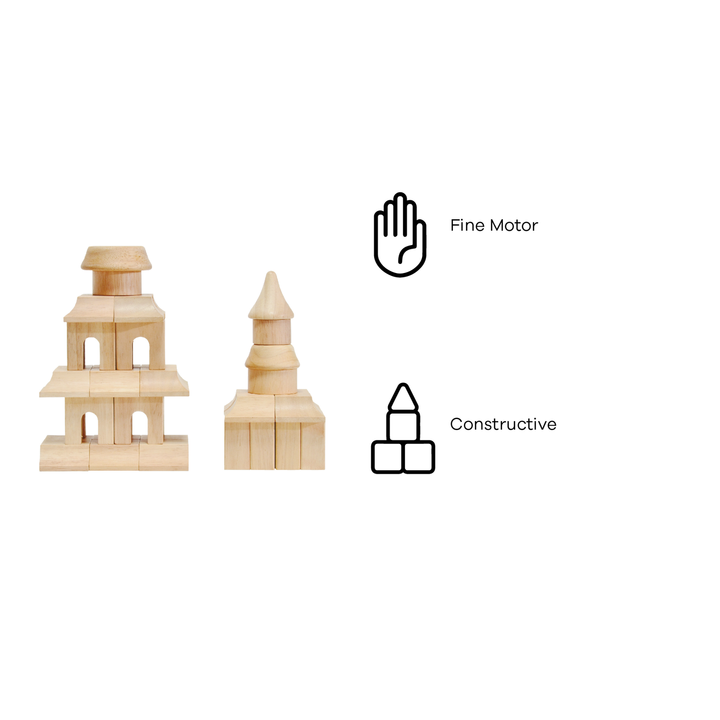 Two wooden block constructions, resembling architectural models, placed against a white background.