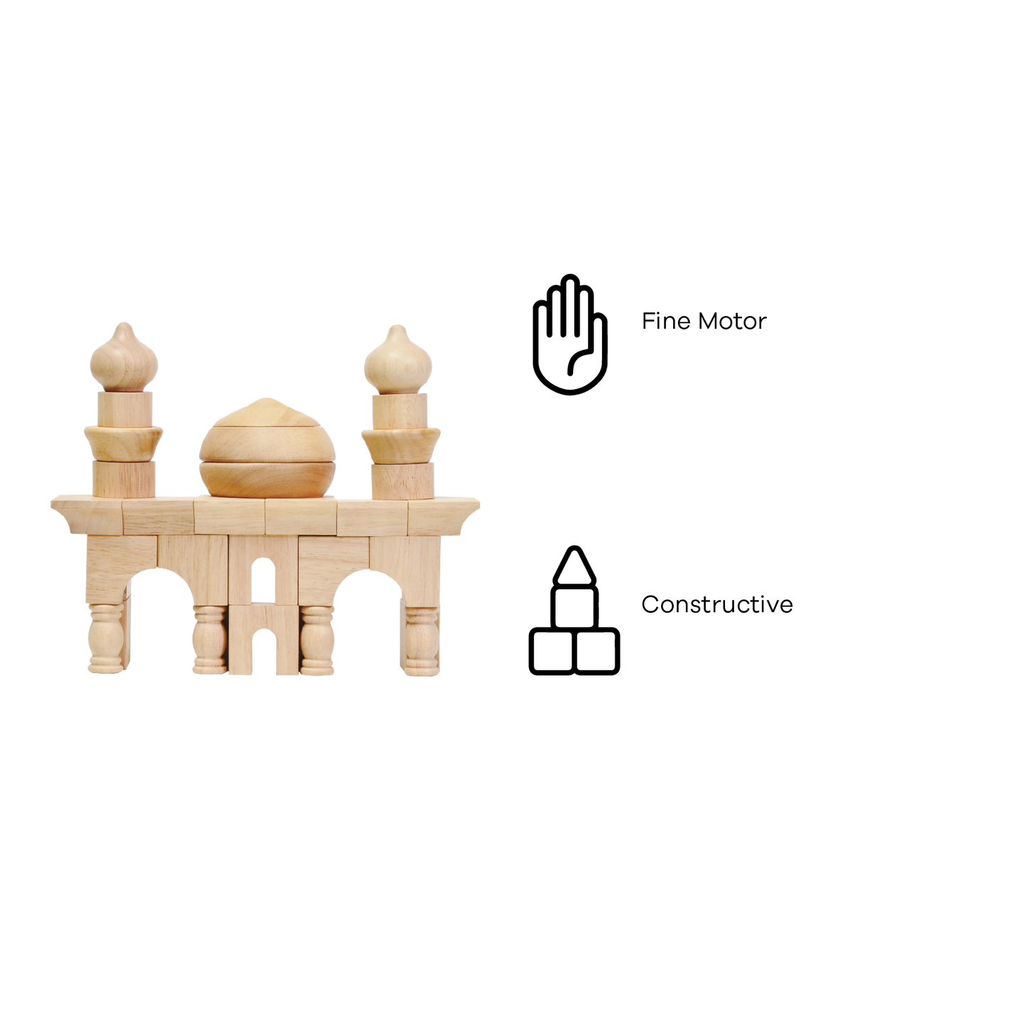 Wooden block construction toy resembling a small mosque with arches and minarets.
