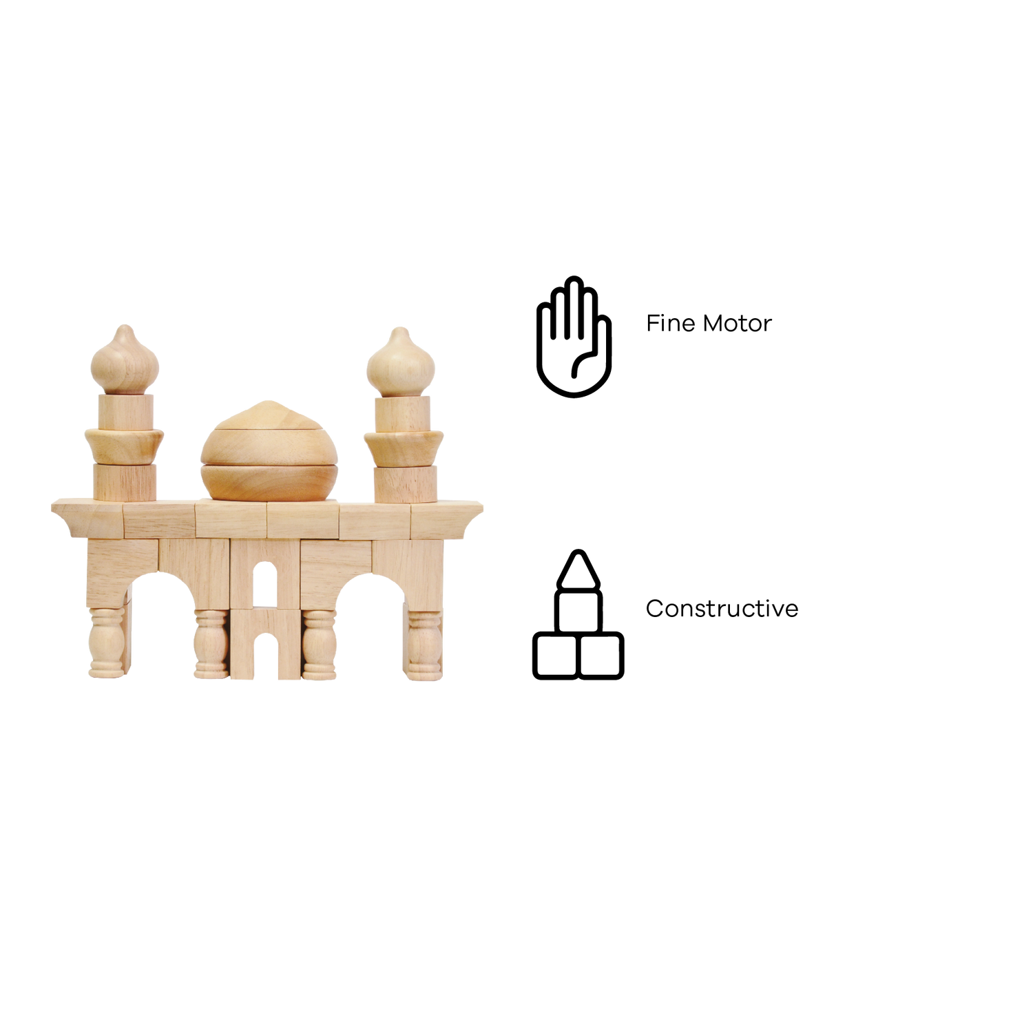 Wooden block construction toy resembling a small mosque with arches and minarets.