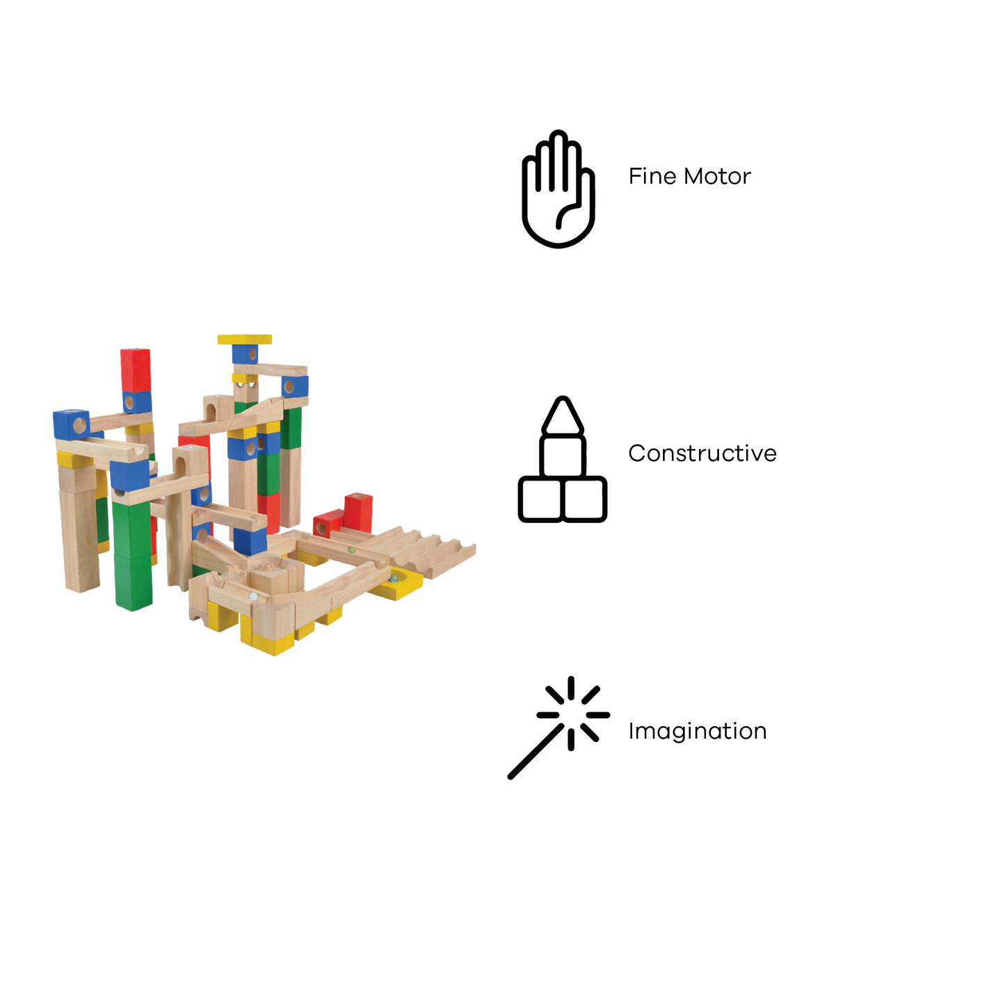 A wooden marble run set with multicolored marbles set up on a track that winds through a series of wooden blocks and tracks on a white background.