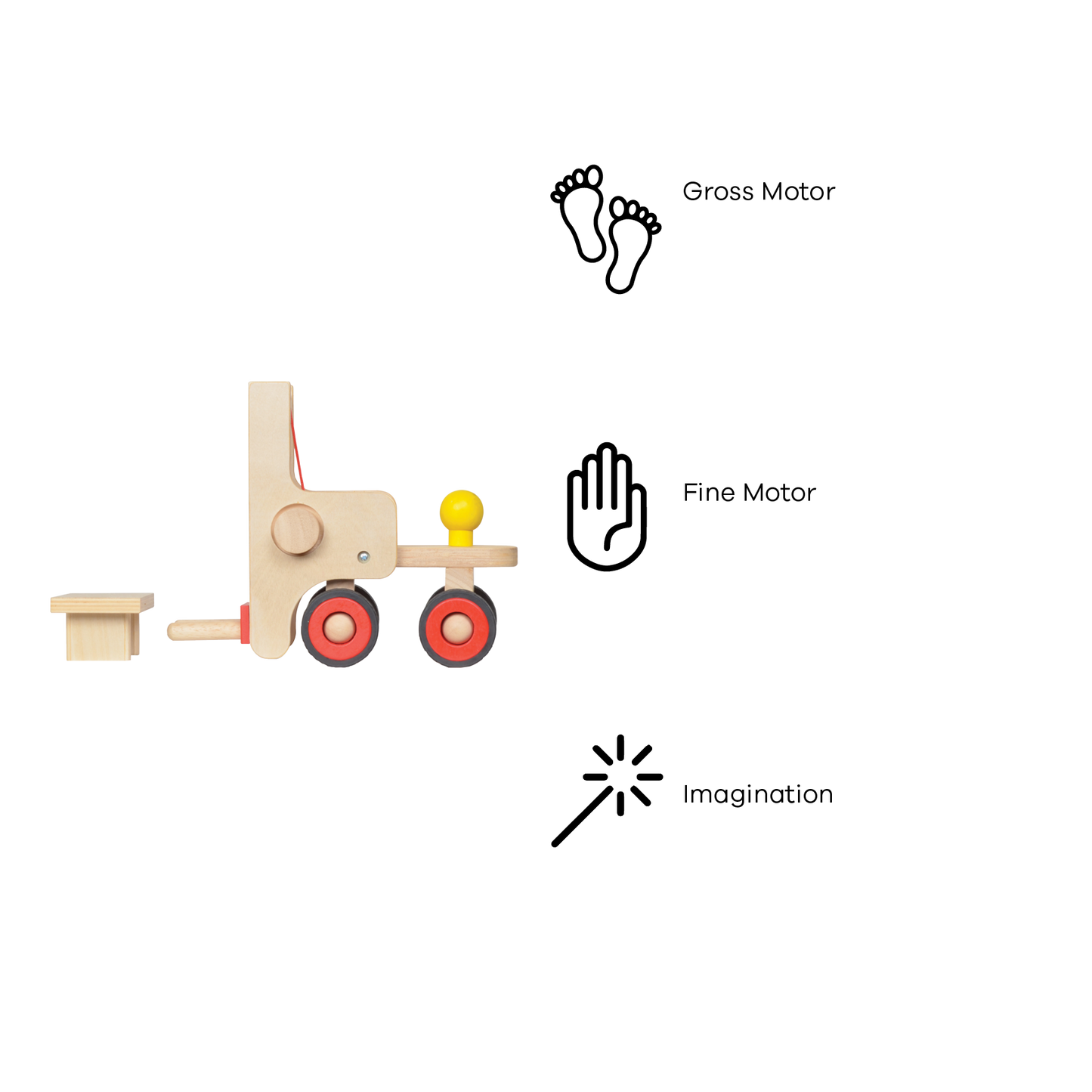 A wooden toy forklift truck with rubber wheels, featuring red and black accents and a yellow handle.