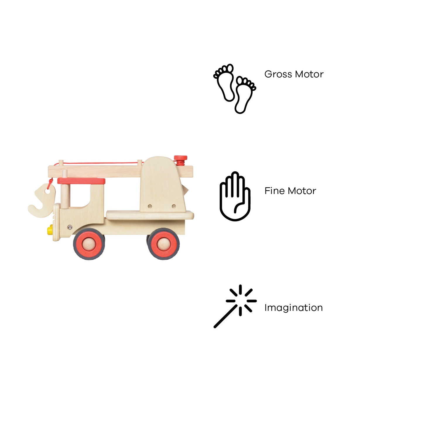 A wooden toy crane truck with red wheels and a cranking knob.
