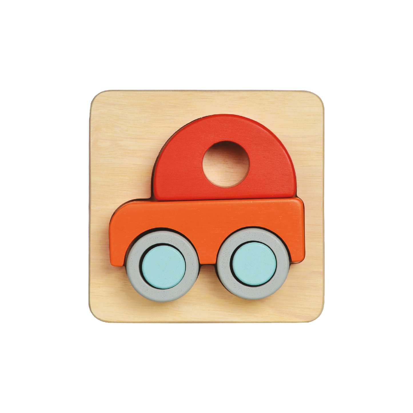 A wooden car tray puzzle with large block pieces in red, yellow, and blue colors on a light wooden tray.